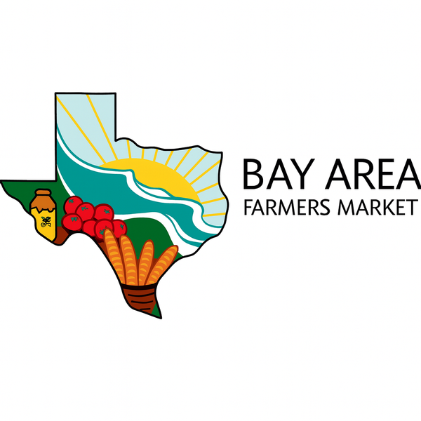 Logo of Bay Area Farmers Market with a stylized map of Texas and agricultural elements.