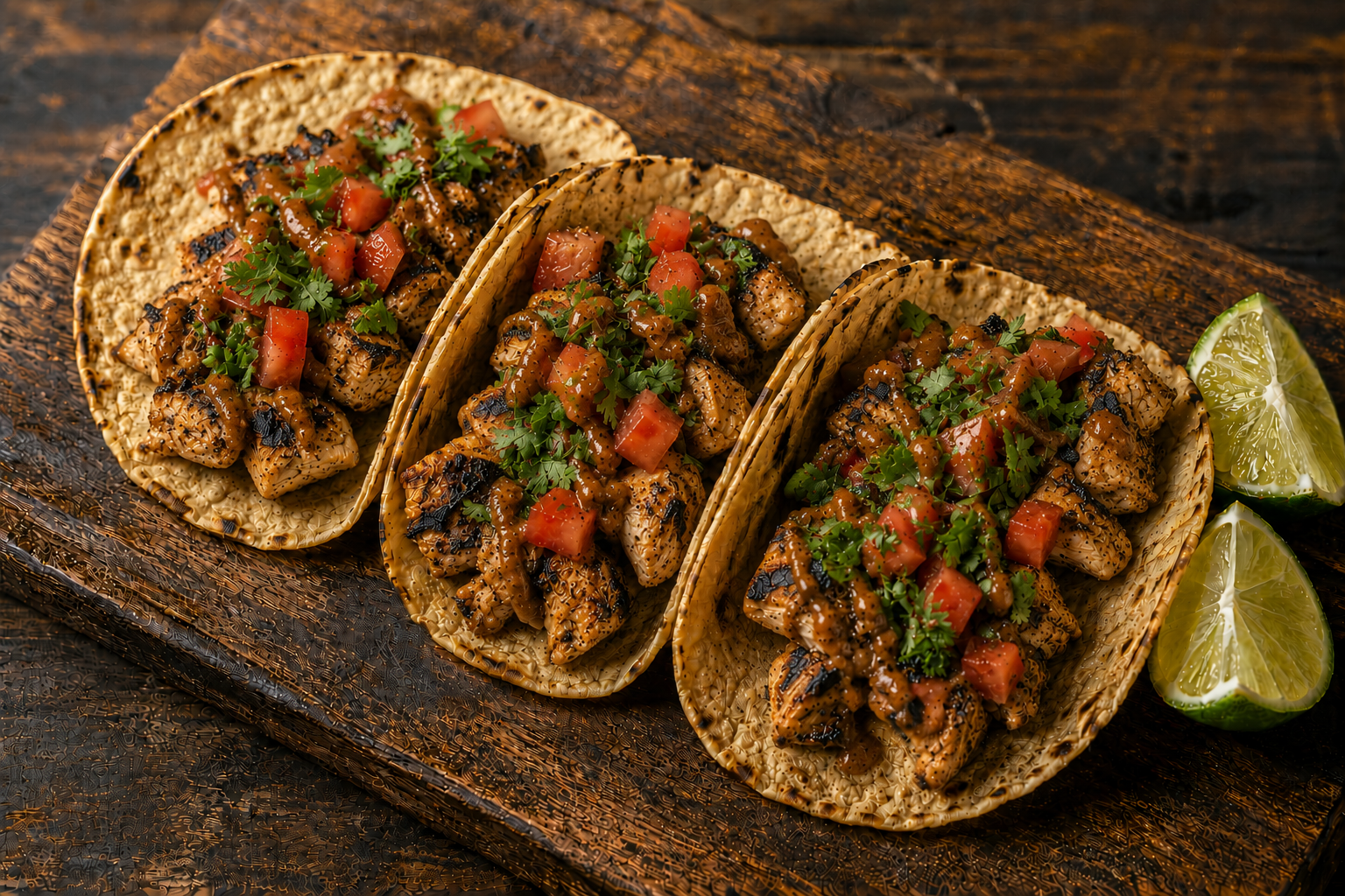 Three Texas-style grilled chicken tacos on corn tortillas with peanut sauce, fresh cilantro, diced tomatoes, and lime wedges on a rustic wooden board