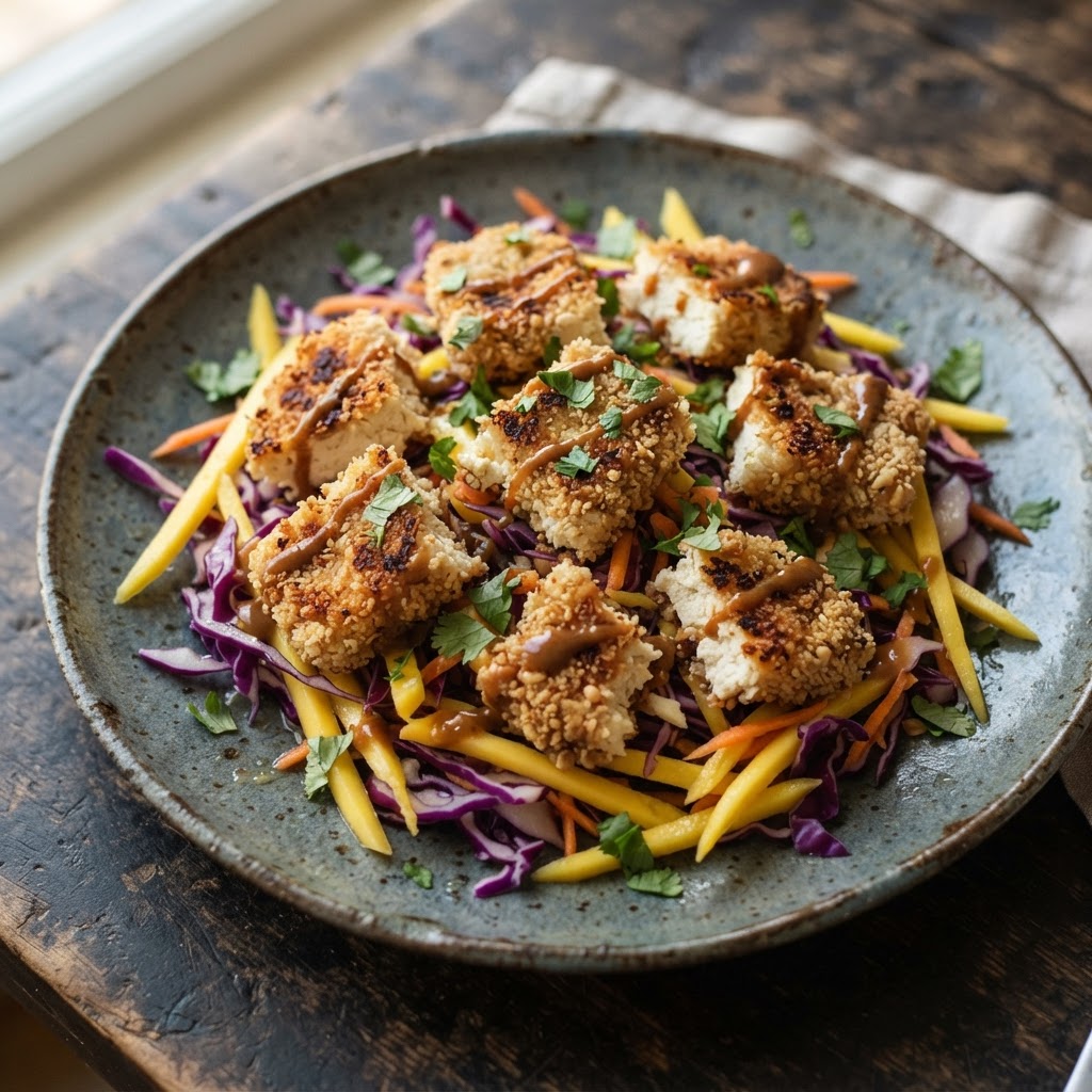Peanut-Crusted Tofu with Mango Slaw drizzled with B'Cubs Voodoo Peanut Sauce