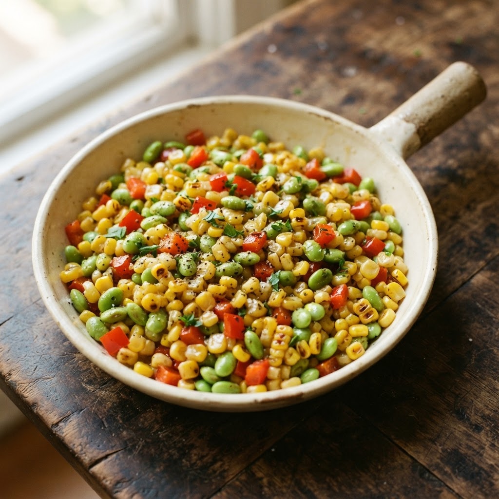 Sweet corn and edamame skillet with red bell pepper and parsley, tossed in B'Cubs® Classic Honey Mustard