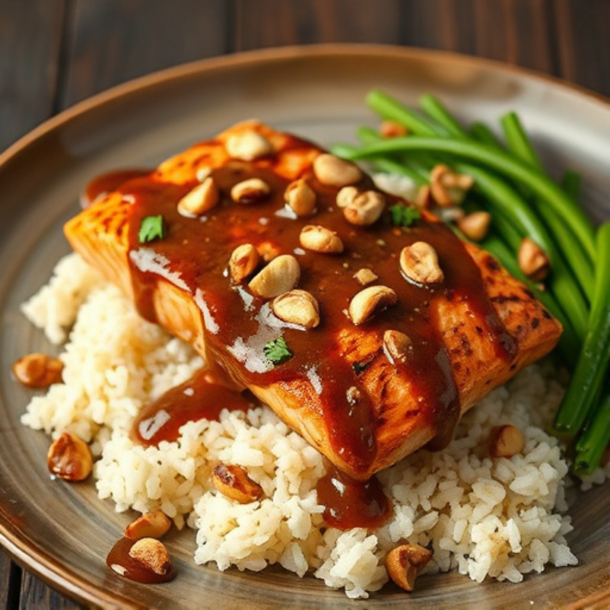 Pan-fried salmon fillet over white rice, topped with B'Cubs® Voodoo Peanut Sauce and crushed peanuts, served with fresh green beans.