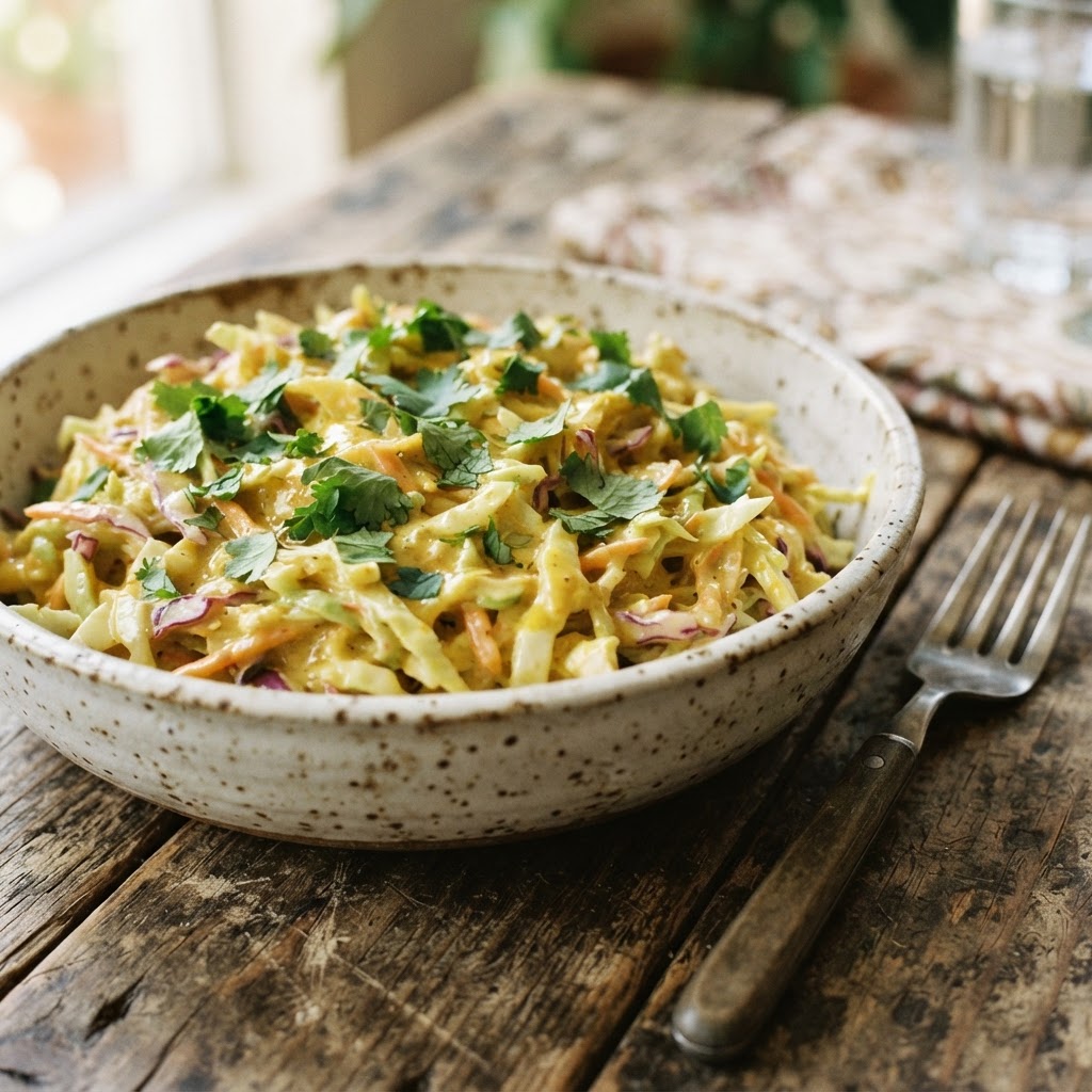 Texas Honey Mustard Slaw with a golden honey mustard dressing in a rustic ceramic bowl on a weathered wood table, topped with fresh cilantro