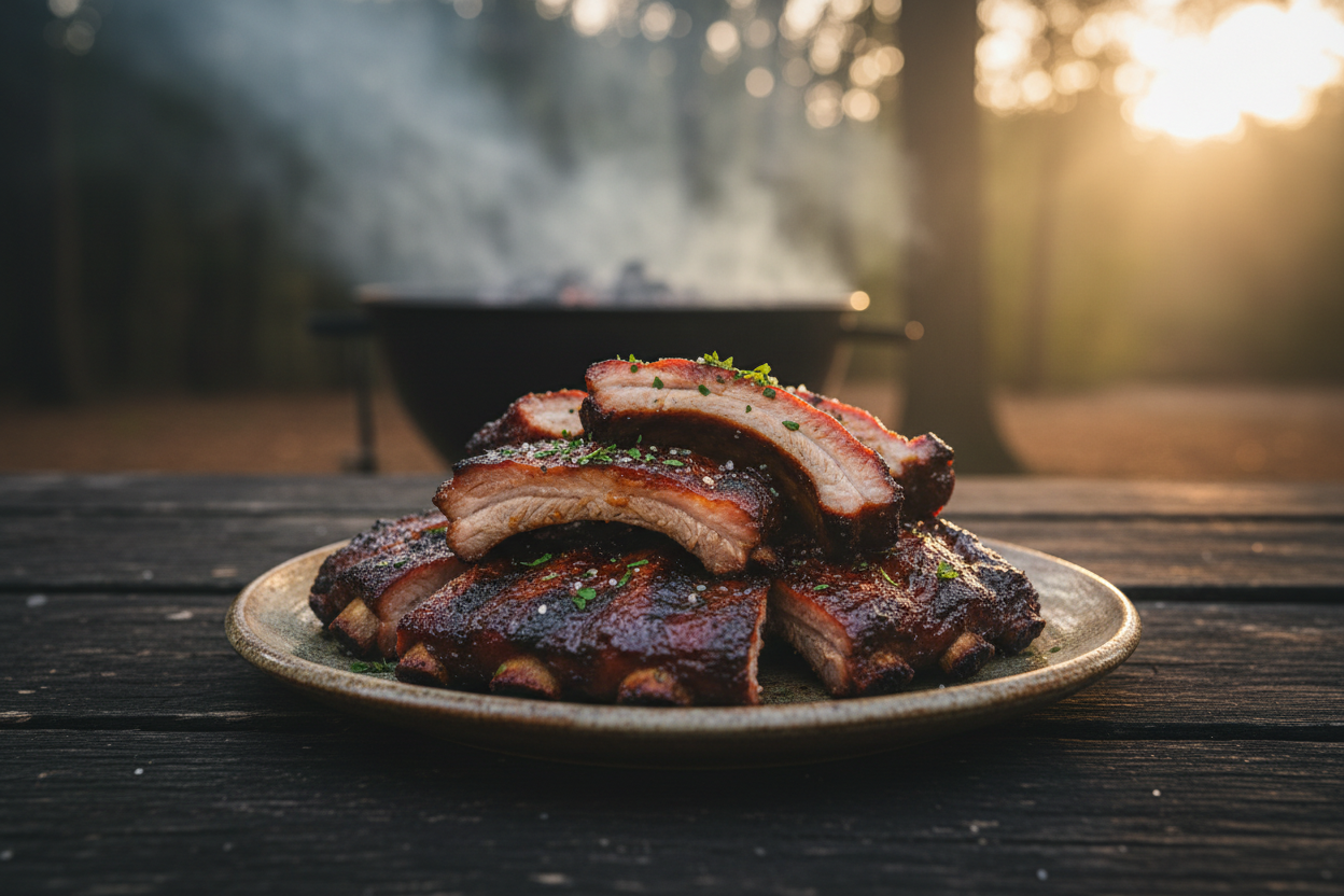 Cut BBQ ribs arranged on a rustic plate in an outdoor BBQ setting with smoky atmosphere and warm golden light