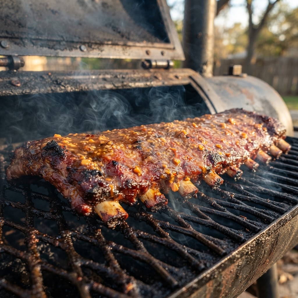 Rack of smoked baby back ribs glazed with B'Cubs® Voodoo Peanut Sauce on an outdoor offset smoker with smoke rolling in warm Texas afternoon light