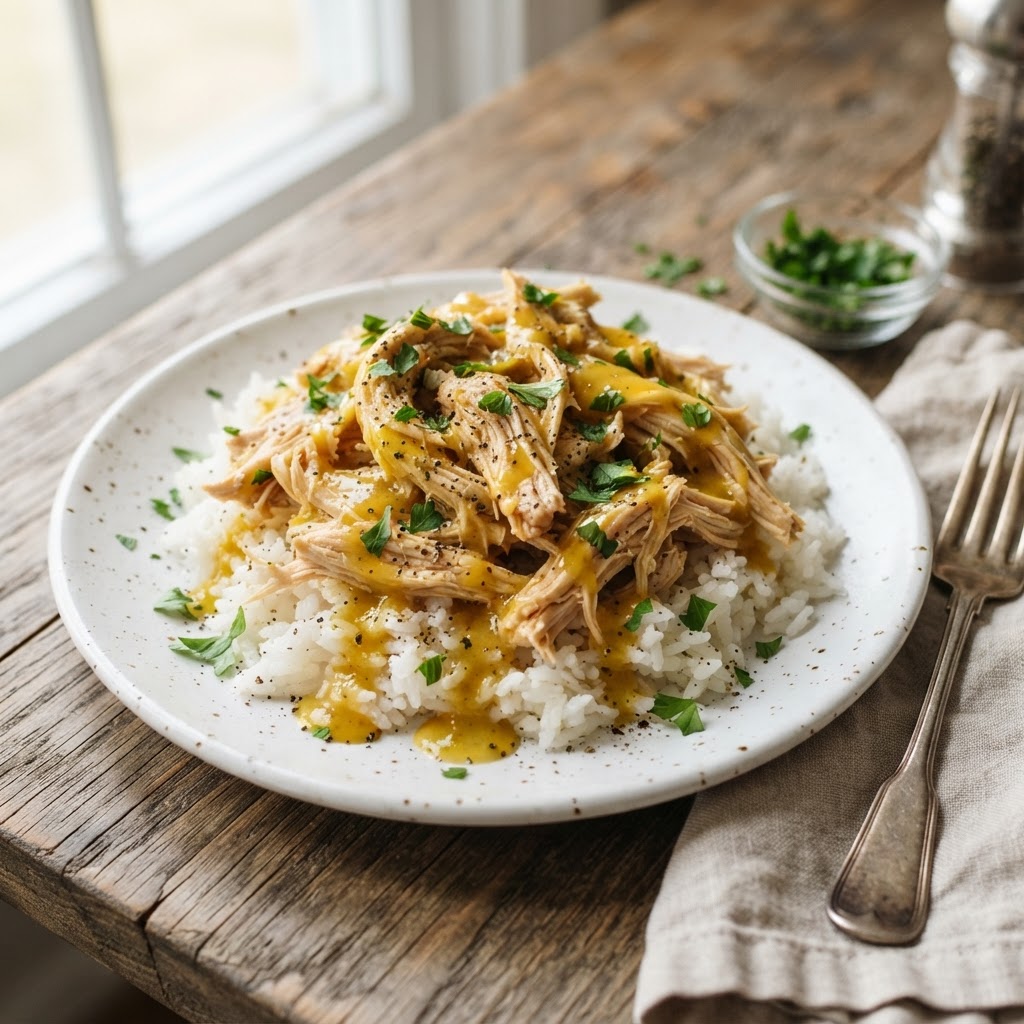 Shredded honey mustard chicken over steamed white rice, drizzled with B'Cubs® Classic Honey Mustard glaze and garnished with fresh parsley
