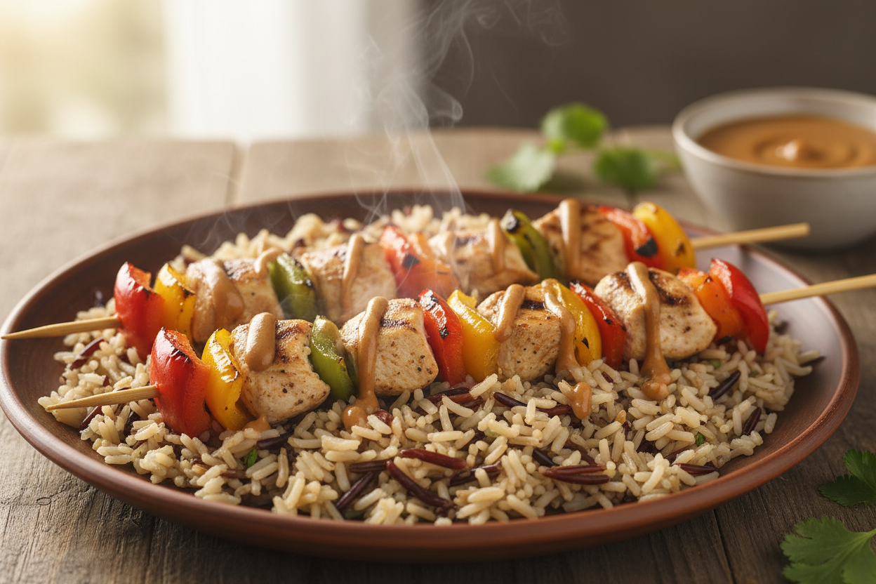 Grilled chicken and bell pepper skewers over fluffy wild rice with a light drizzle of B'Cubs® Voodoo Peanut Sauce