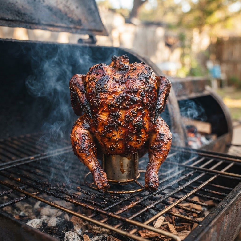 Whole beer can chicken glazed with B'Cubs® Voodoo Peanut Sauce standing upright on an outdoor smoker with smoke rising and fire visible in the firebox