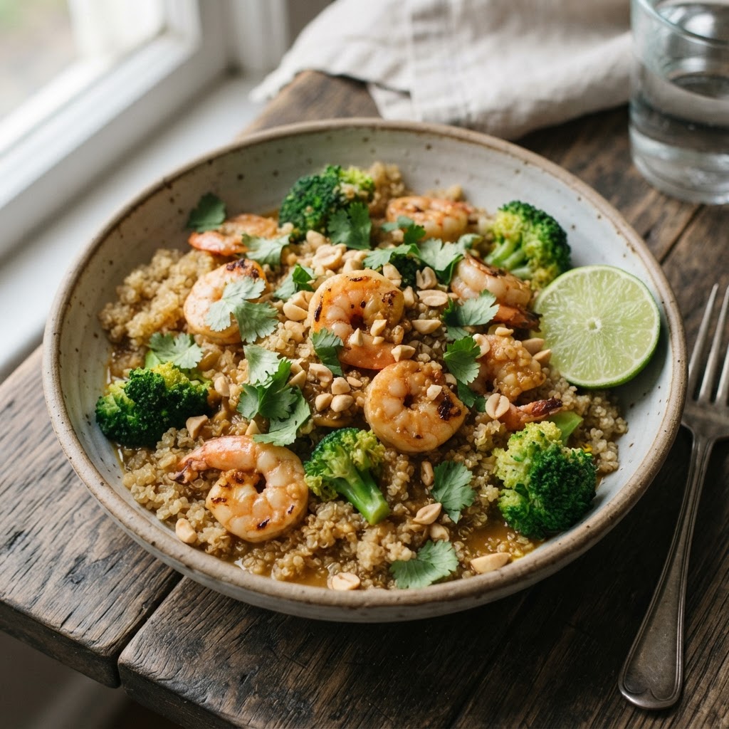 Quinoa bowl with shrimp, broccoli, and B'Cubs® Voodoo Peanut Sauce, garnished with cilantro, crushed peanuts, and a lime wedge