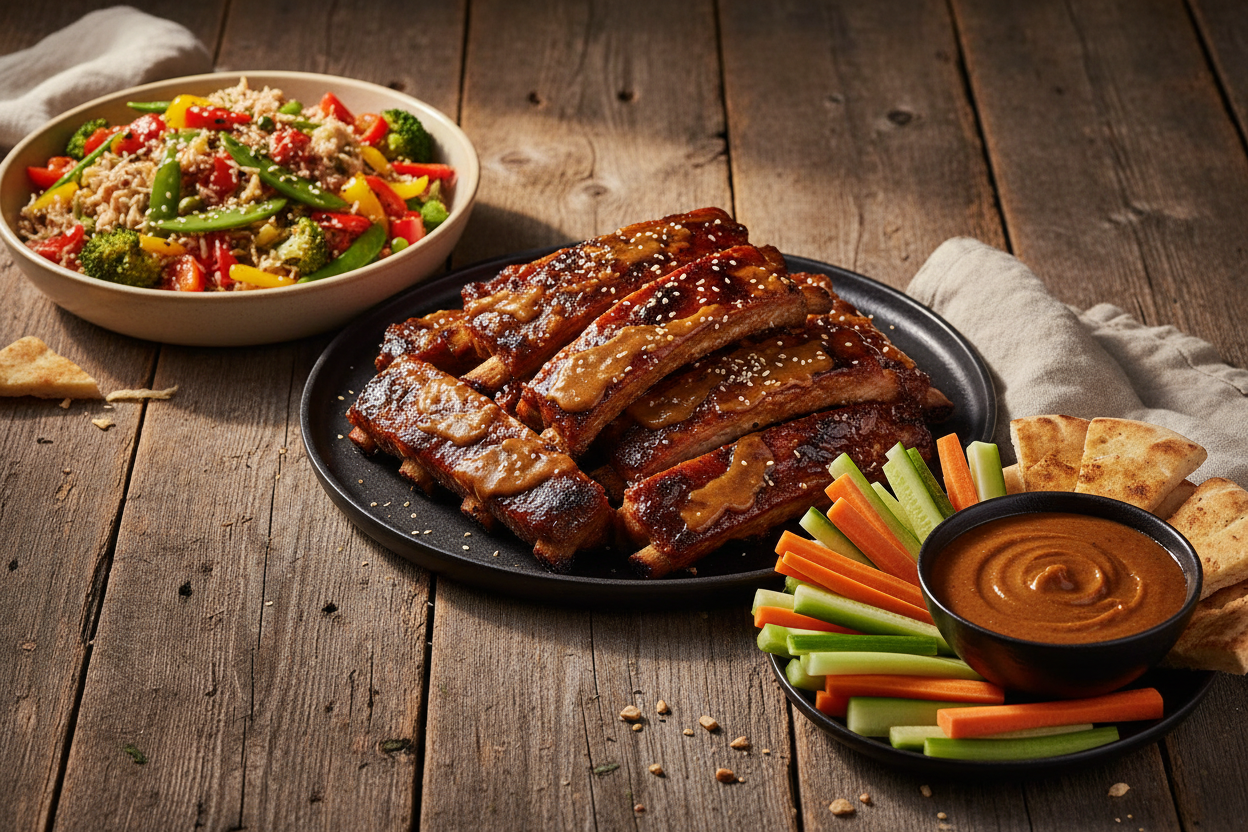 Three B'Cubs® Voodoo Peanut Sauce recipes on a rustic wooden table: glazed grilled baby back ribs, stir-fry vegetables over rice, and a savory peanut dipping sauce with veggie sticks and pita wedges