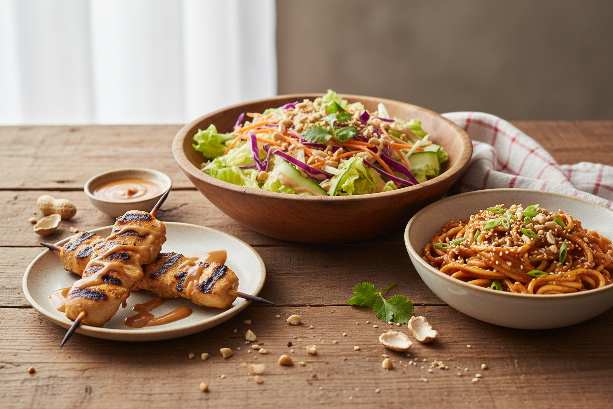 Spice Up Your Grill Game with Texas-Quality Voodoo Peanut Sauce: Trio of Grilled Chicken Skewers, Drizzle Thai Salad, and Spicy Peanut Noodles