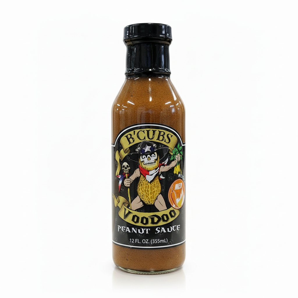 B'Cubs Voodoo Peanut Sauce Medium bottle on a white background