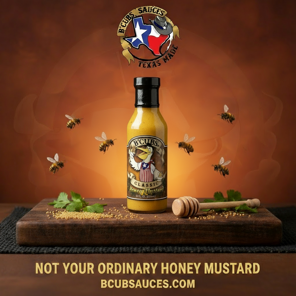 B’Cubs® Classic Honey Mustard – Sweet & Tangy Texas-Made Sauce with Real Clover Honey 12 oz Glass Bottle