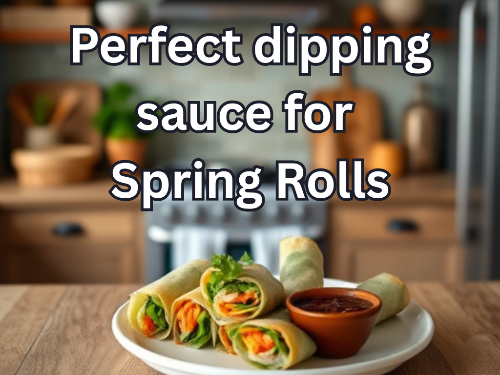 Spring rolls on a plate with dipping sauce in a kitchen setting