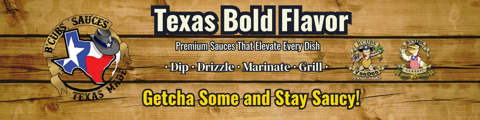 Texas Bold Flavor sauce brand banner with logo and text on a wooden background