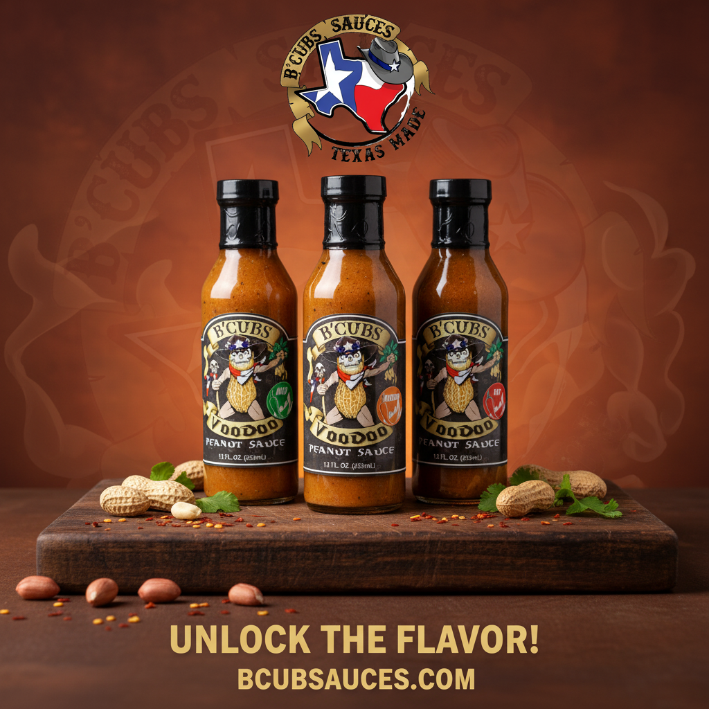 B’Cubs® Voodoo Peanut Sauce – Bold, Nutty & Sweet with a Spicy Kick – Asian-Style Peanut Sauce – Mild, Medium & Hot (12 oz Glass Bottle)