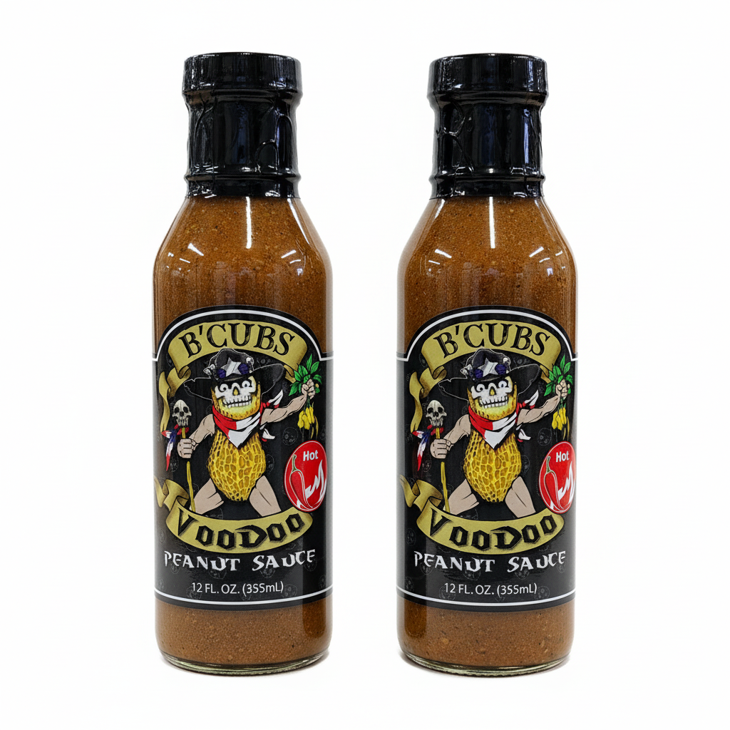B'Cubs Voodoo Peanut Sauce Hot 2-Pack - two 12 oz glass bottles value bundle