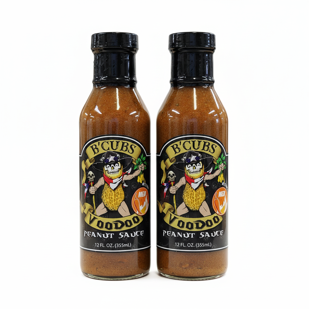 B'Cubs Voodoo Peanut Sauce Medium 2-Pack - two 12 oz glass bottles value bundle
